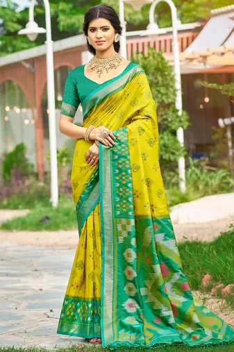 green woven work pochampally art silk saree