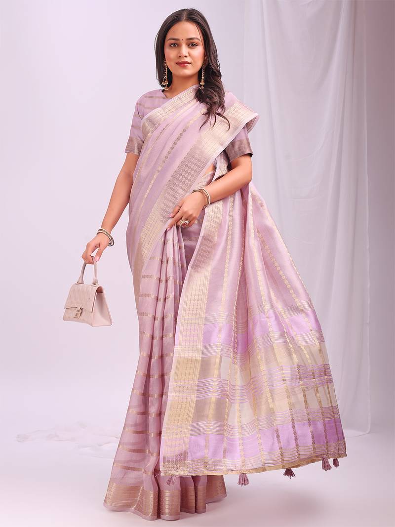 light pink color woven work orgenza saree