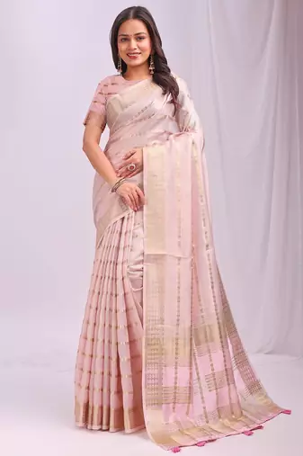 peach color woven work orgenza saree