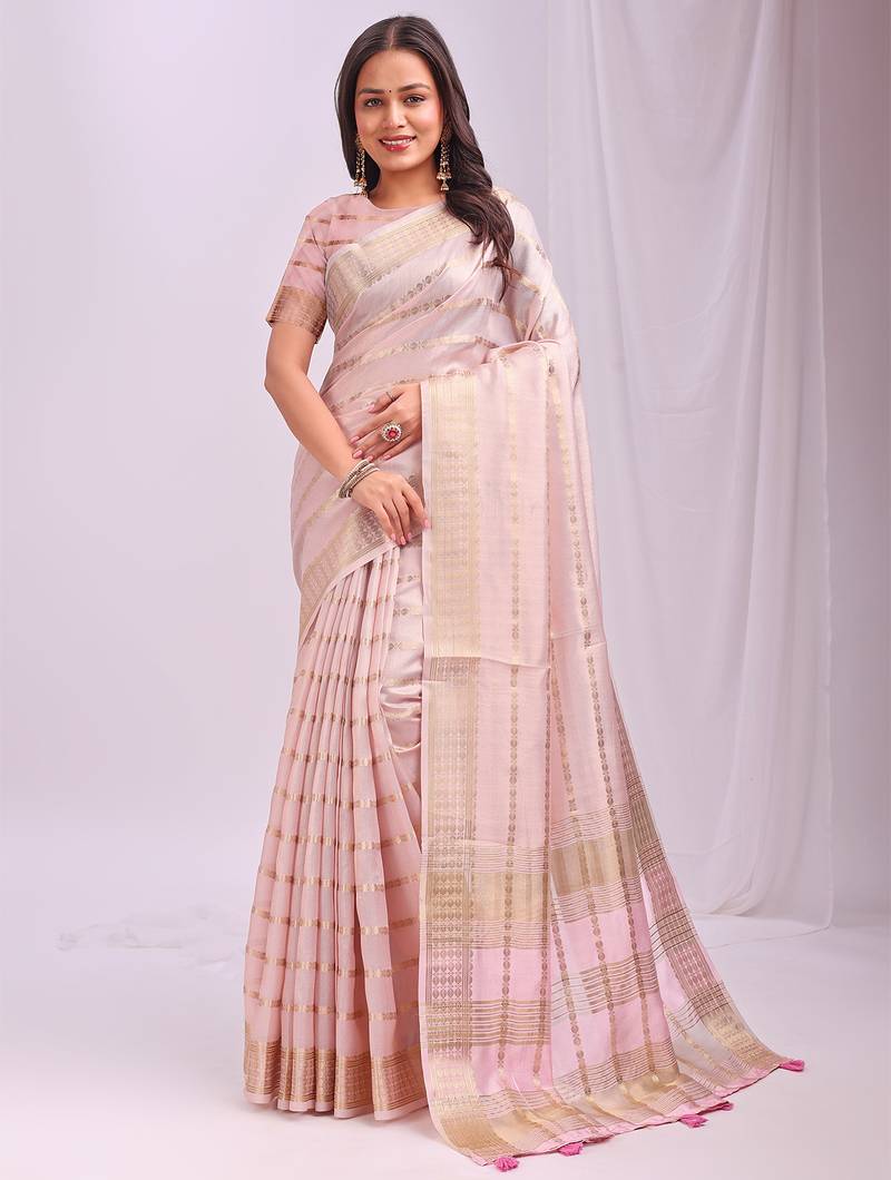 peach color woven work orgenza saree