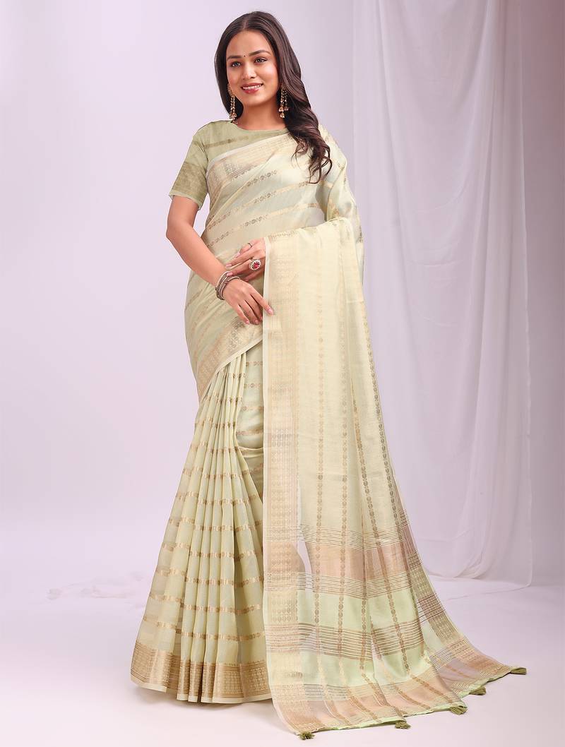 light green color woven work orgenza saree