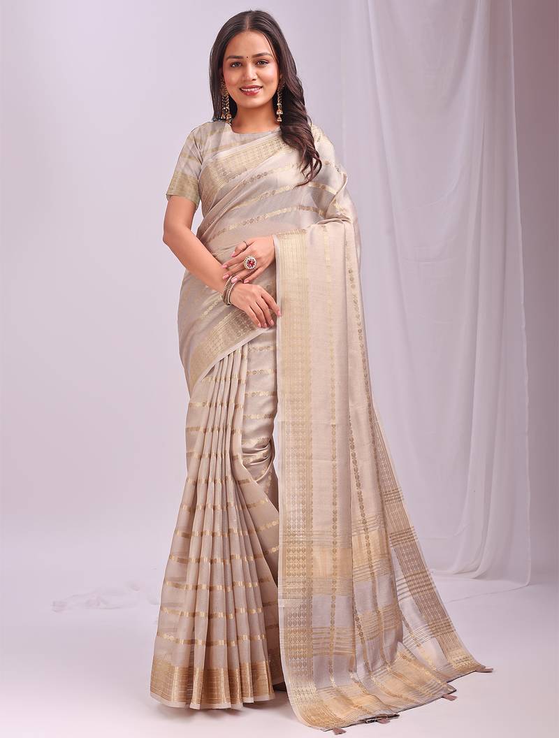 cream color woven work orgenza saree