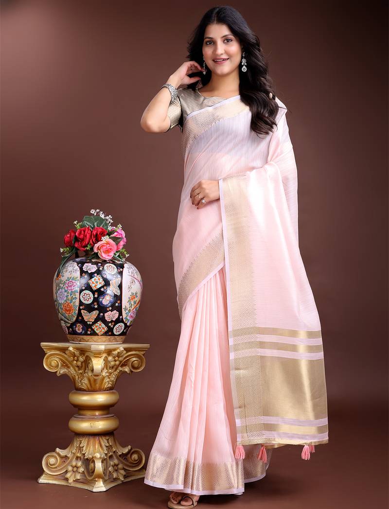 light pink color solid plain cotton saree