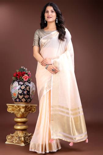 peach color solid plain cotton saree