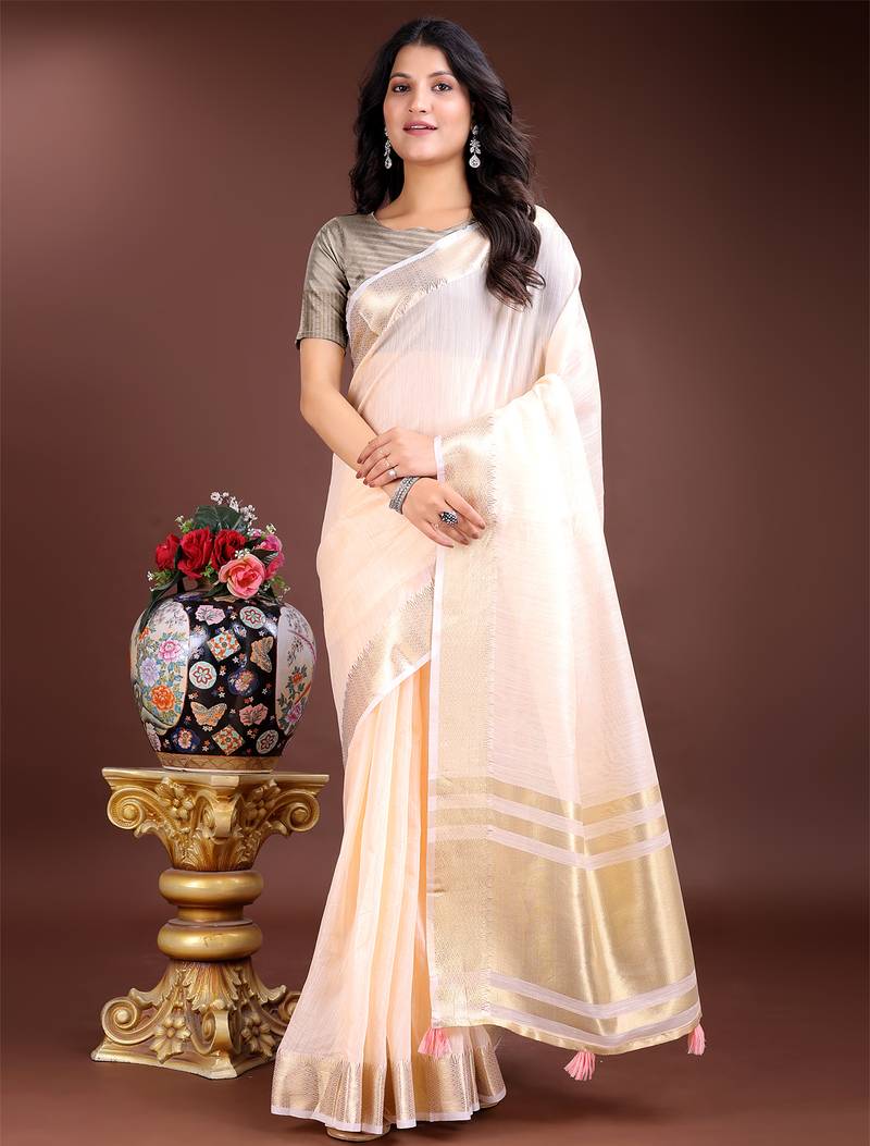 peach color solid plain cotton saree