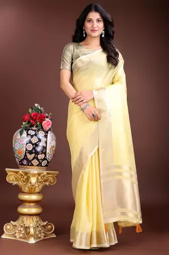yellow color solid plain cotton saree