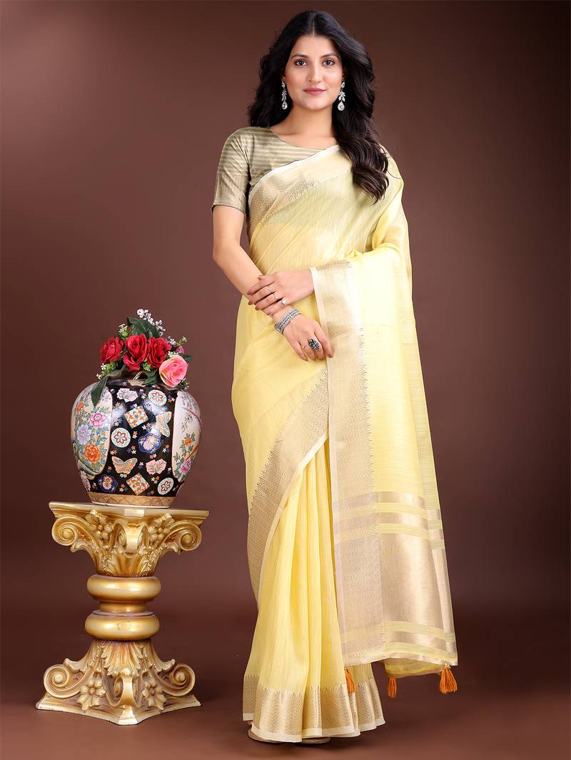 yellow color solid plain cotton saree