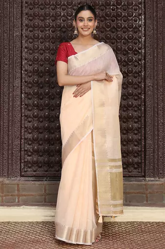 peach color solid plain cotton saree