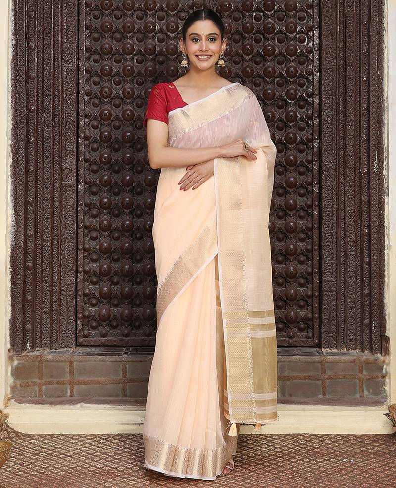 peach color solid plain cotton saree