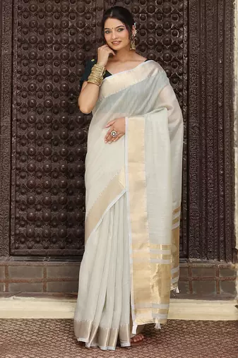 Cream color solid plain cotton saree