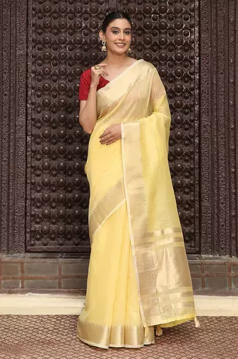 yellow color solid plain cotton saree