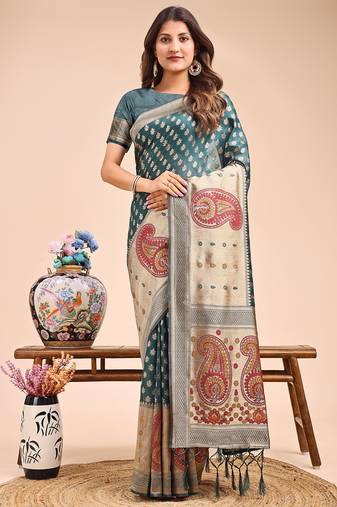 sea green color woven zari weaves linen cotton saree