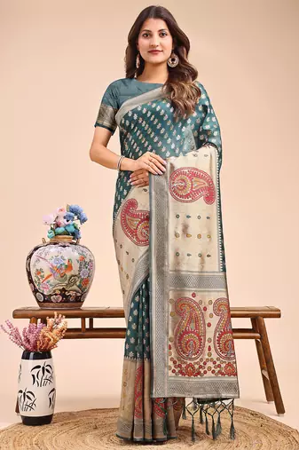 sea green color woven zari weaves linen cotton saree