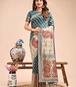 sea green color woven zari weaves linen cotton saree