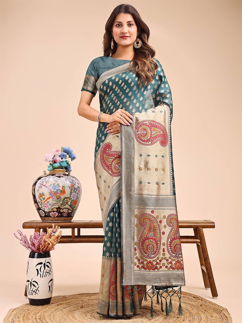 sea green color woven zari weaves linen cotton saree