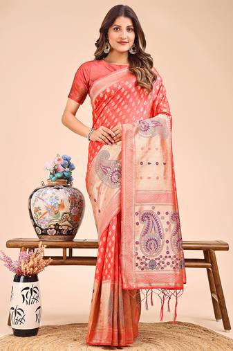 peach color woven zari weaves linen cotton saree