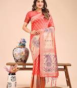 peach color woven zari weaves linen cotton saree