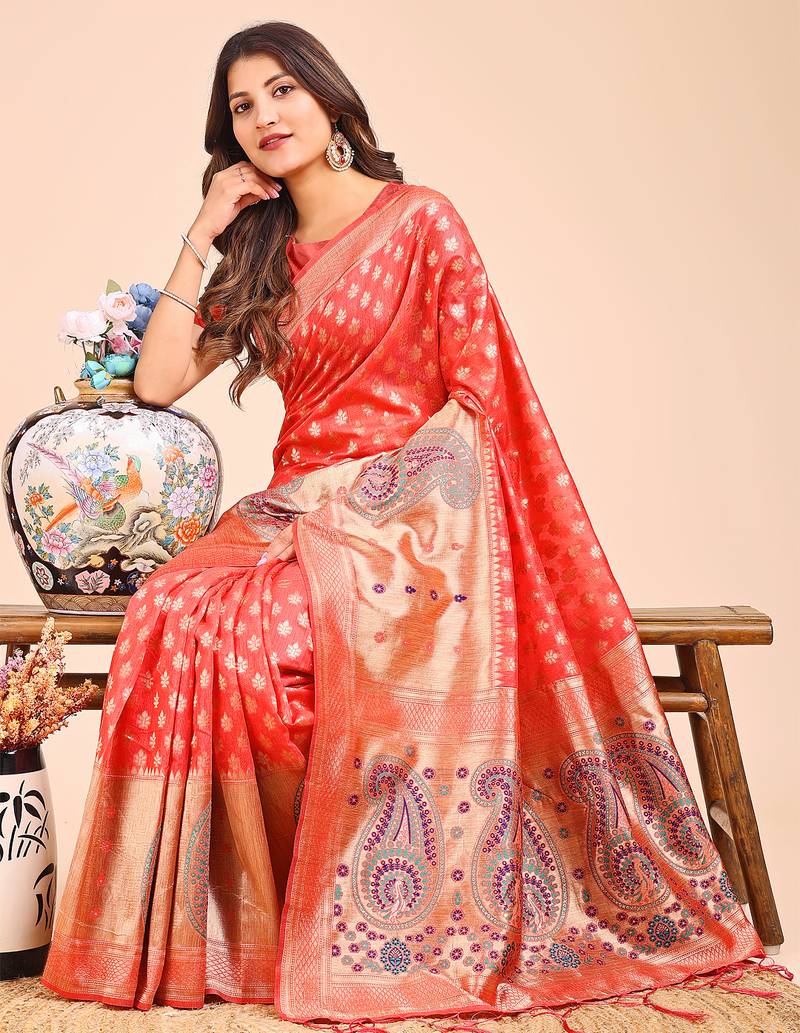 peach color woven zari weaves linen cotton saree