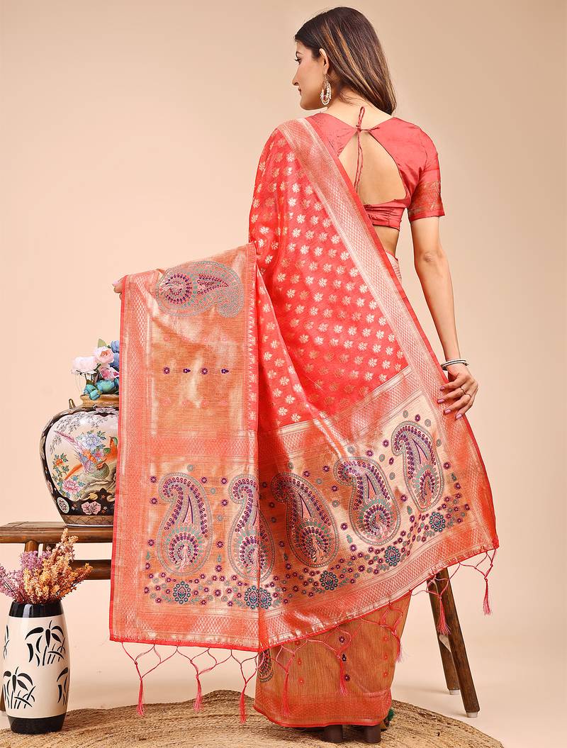 peach color woven zari weaves linen cotton saree