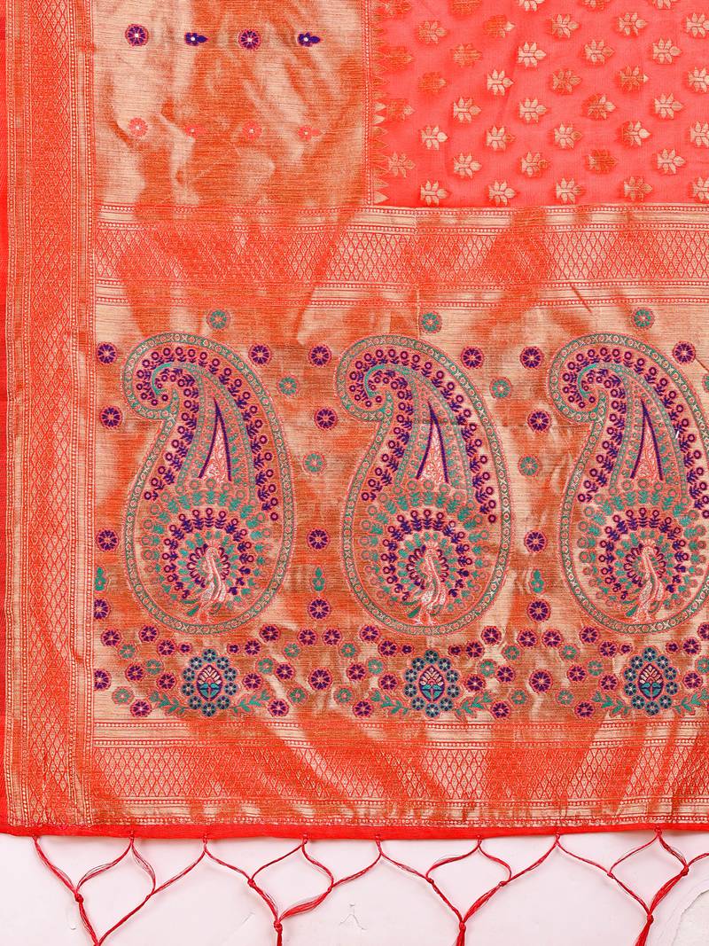 peach color woven zari weaves linen cotton saree