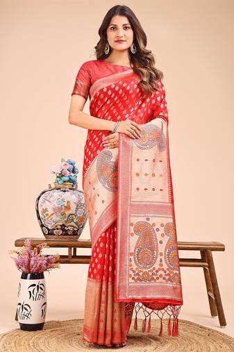 red color woven zari weaves linen cotton saree