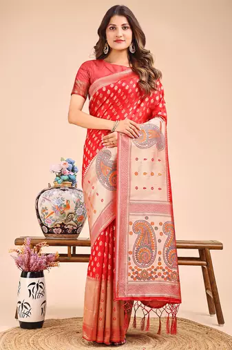 red color woven zari weaves linen cotton saree