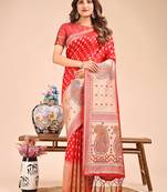 red color woven zari weaves linen cotton saree