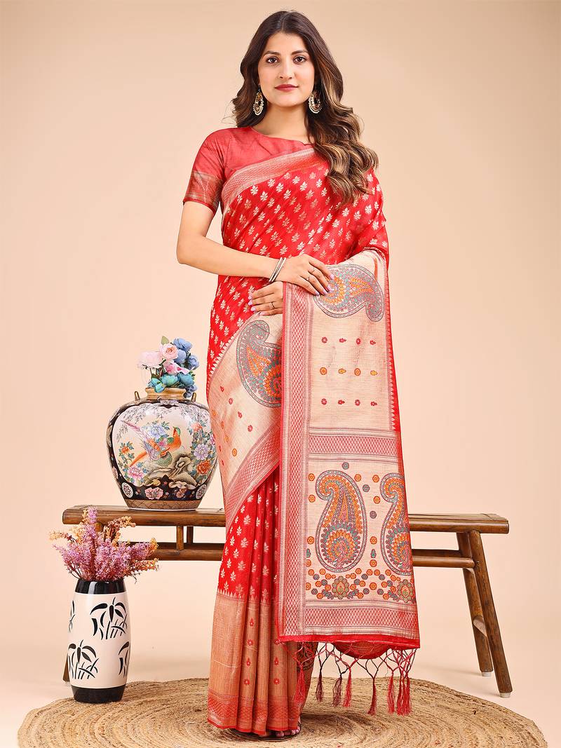 red color woven zari weaves linen cotton saree