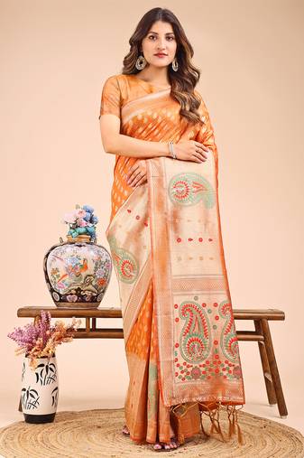 Orange color woven zari weaves linen cotton saree