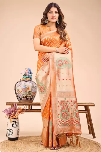 Orange color woven zari weaves linen cotton saree
