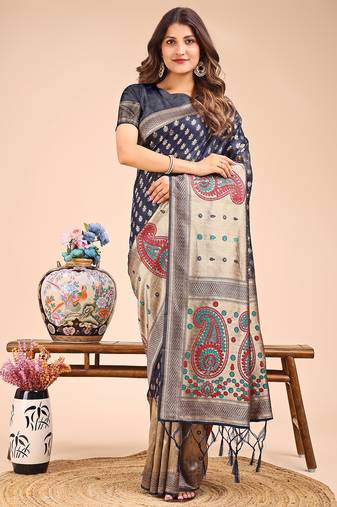 navy blue color woven zari weaves linen cotton saree