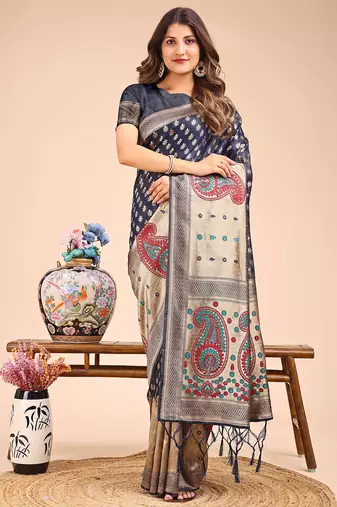 navy blue color woven zari weaves linen cotton saree