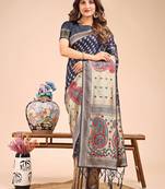 navy blue color woven zari weaves linen cotton saree