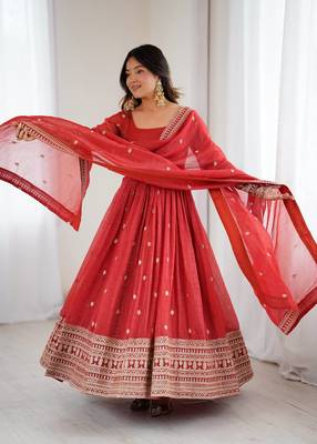 Red embroidered zari silk anarkali with dupatta 1