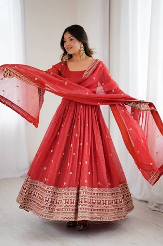 Red embroidered zari silk anarkali with dupatta