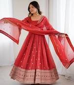 Red embroidered zari silk anarkali with dupatta