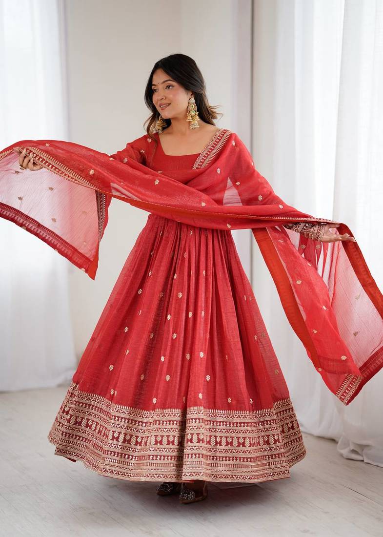 Red embroidered zari silk anarkali with dupatta