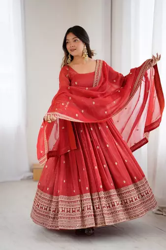 Red embroidered zari silk anarkali with dupatta