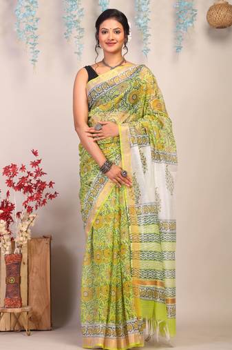 parrot green zari work kota doria kota doria ethnic saree with unstitched blouse