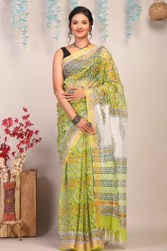 parrot green zari work kota doria kota doria ethnic saree with unstitched blouse