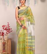 parrot green zari work kota doria kota doria ethnic saree with unstitched blouse