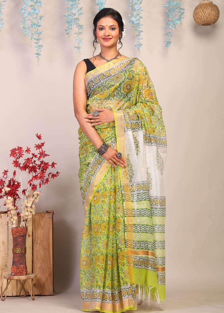 parrot green zari work kota doria kota doria ethnic saree with unstitched blouse