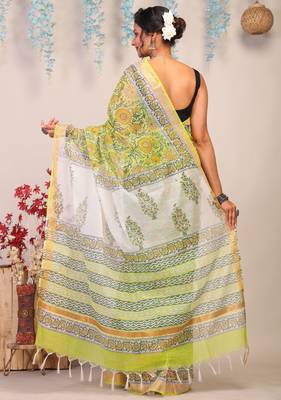 parrot green zari work kota doria kota doria ethnic saree with unstitched blouse 2