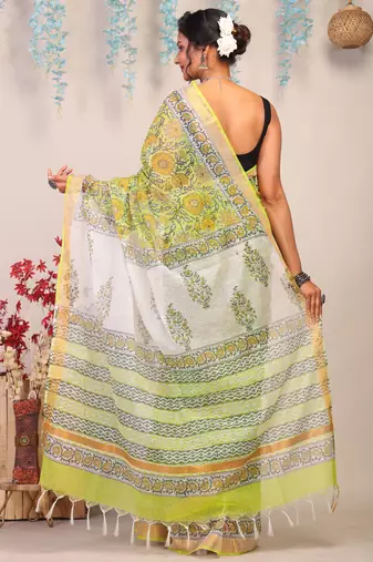 parrot green zari work kota doria kota doria ethnic saree with unstitched blouse