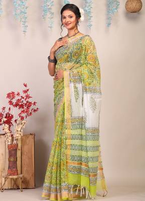 parrot green zari work kota doria kota doria ethnic saree with unstitched blouse 3