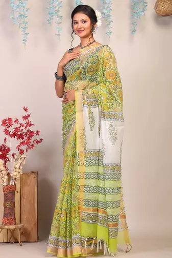 parrot green zari work kota doria kota doria ethnic saree with unstitched blouse