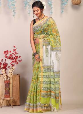 parrot green zari work kota doria kota doria ethnic saree with unstitched blouse 4