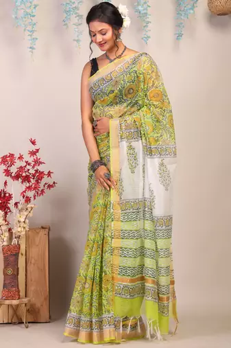 parrot green zari work kota doria kota doria ethnic saree with unstitched blouse