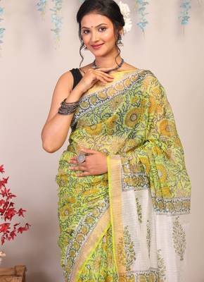 parrot green zari work kota doria kota doria ethnic saree with unstitched blouse 5