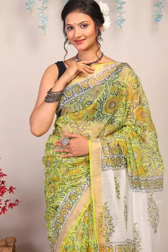 parrot green zari work kota doria kota doria ethnic saree with unstitched blouse
